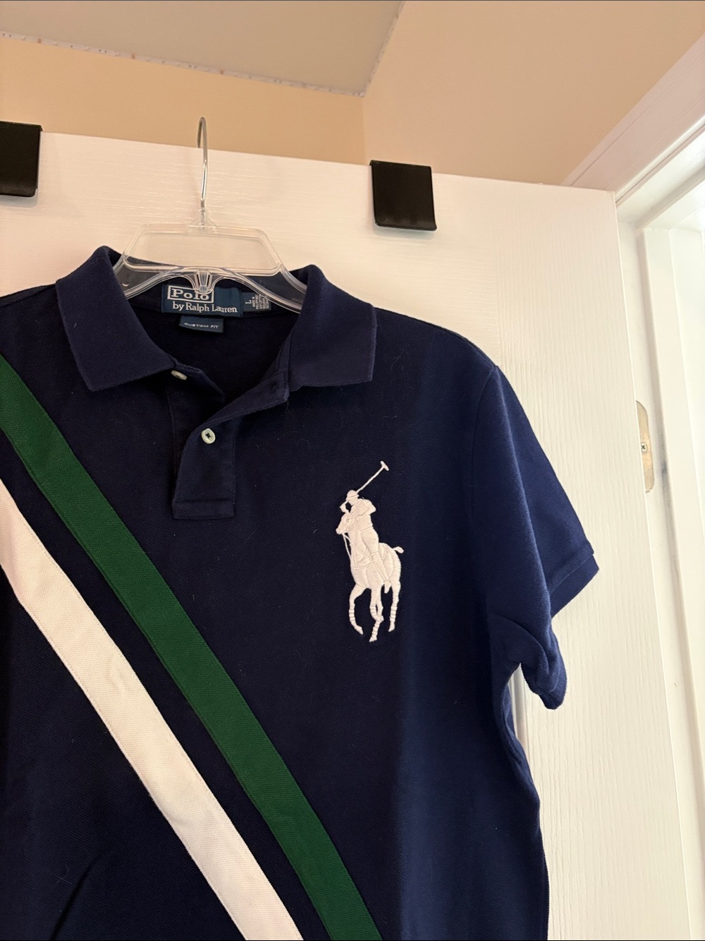 Polo Ralph Lauren Big Pony Sash Polo Mens L Navy Blue Green Diagonal Stripes Y2K - Picture 4 of 5